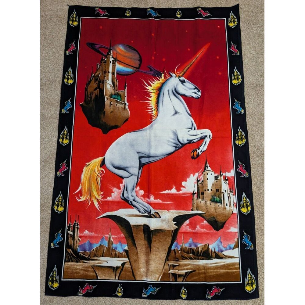 Vintage ATC NY Unicorn Fantasy Tapestry Psychedelic‎ Space Castle 80s Wall Art